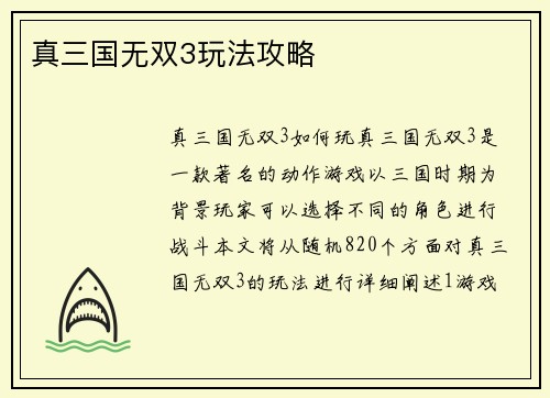 真三国无双3玩法攻略